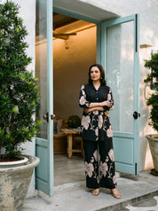 Black Floral Placement Print Co-ord Set in Russian Silk