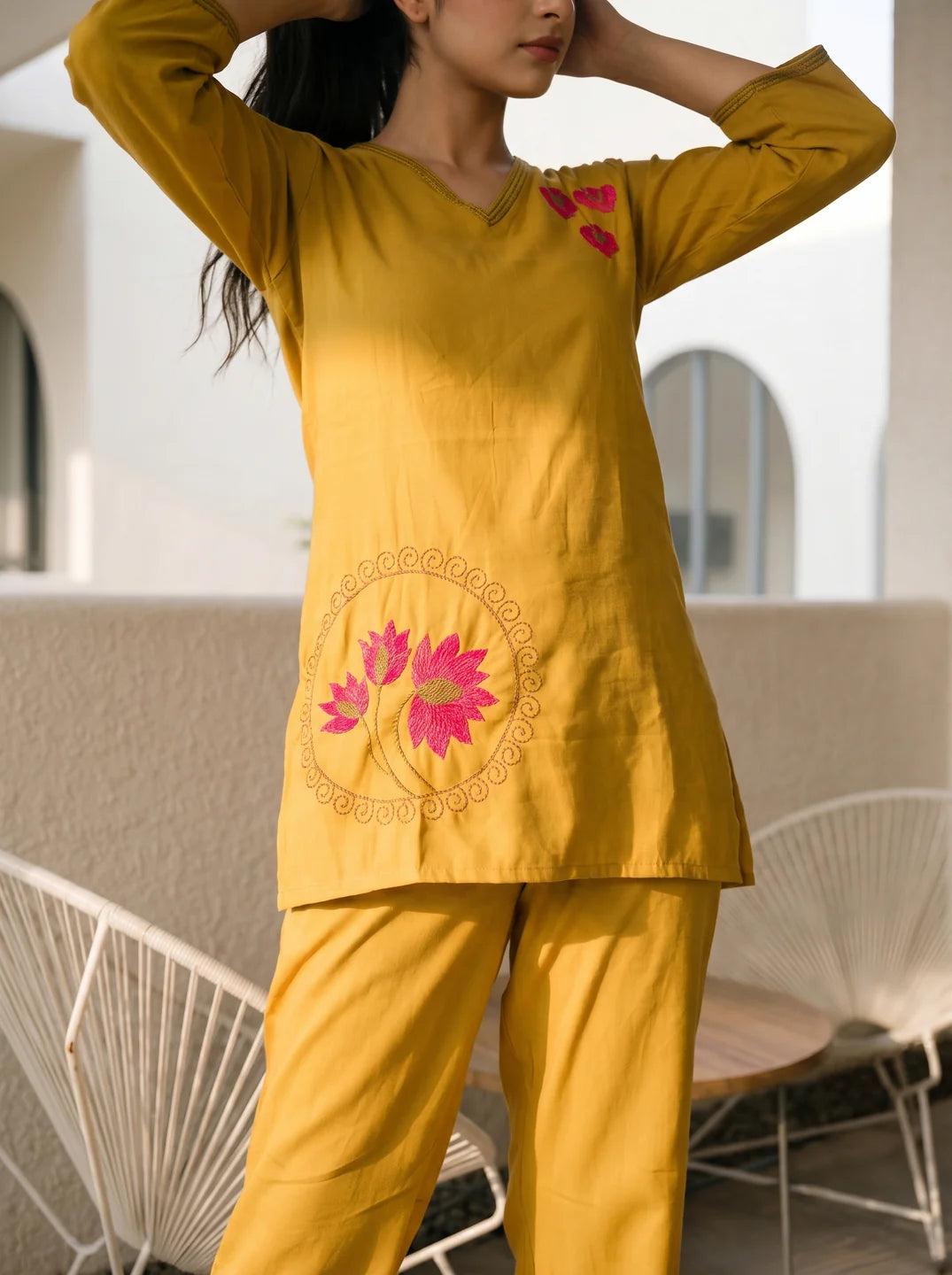Yellow Base Lotus Motif Embroidered Co-ord Set in Roman Silk
