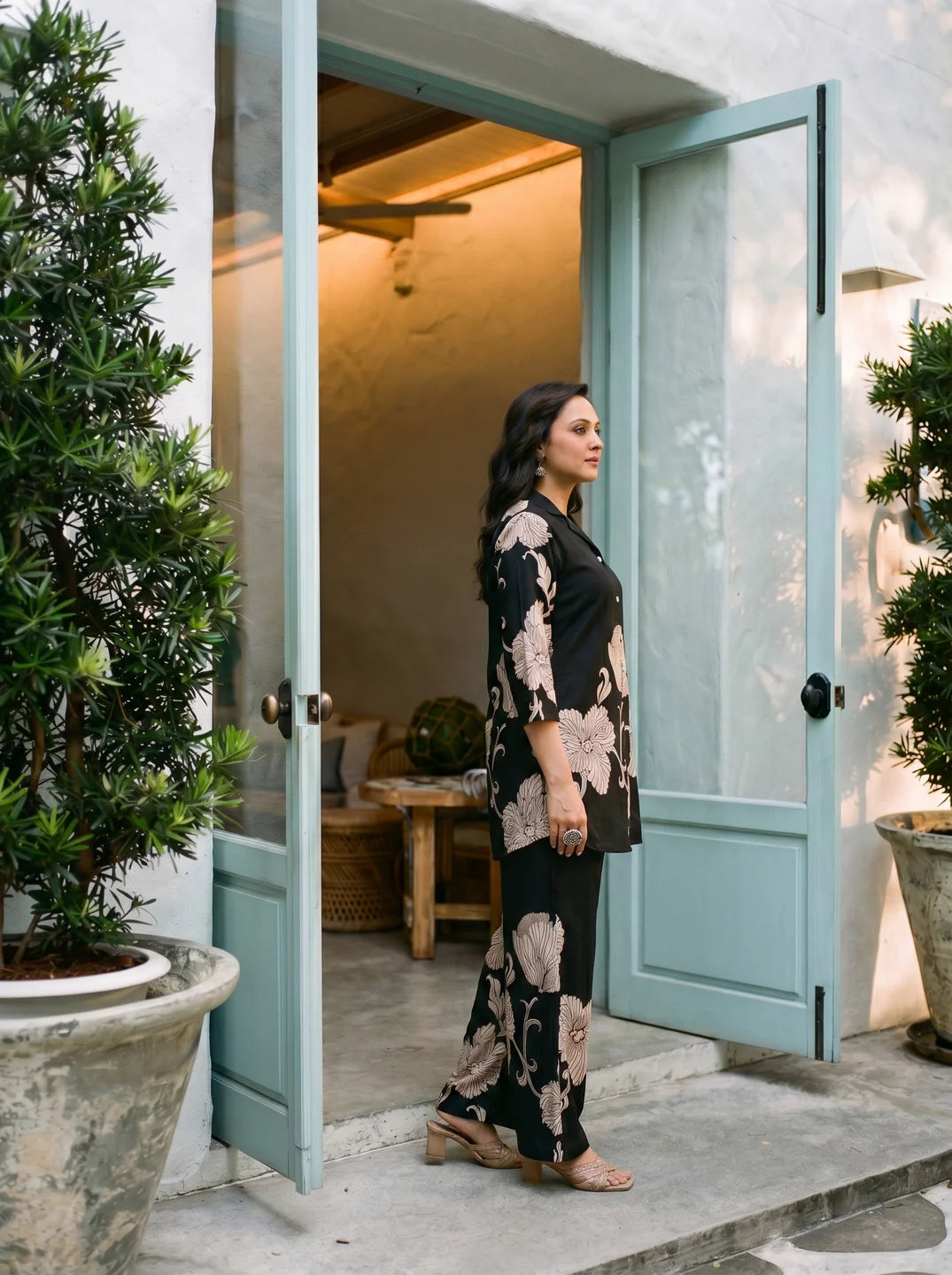 Black Floral Placement Print Co-ord Set in Russian Silk