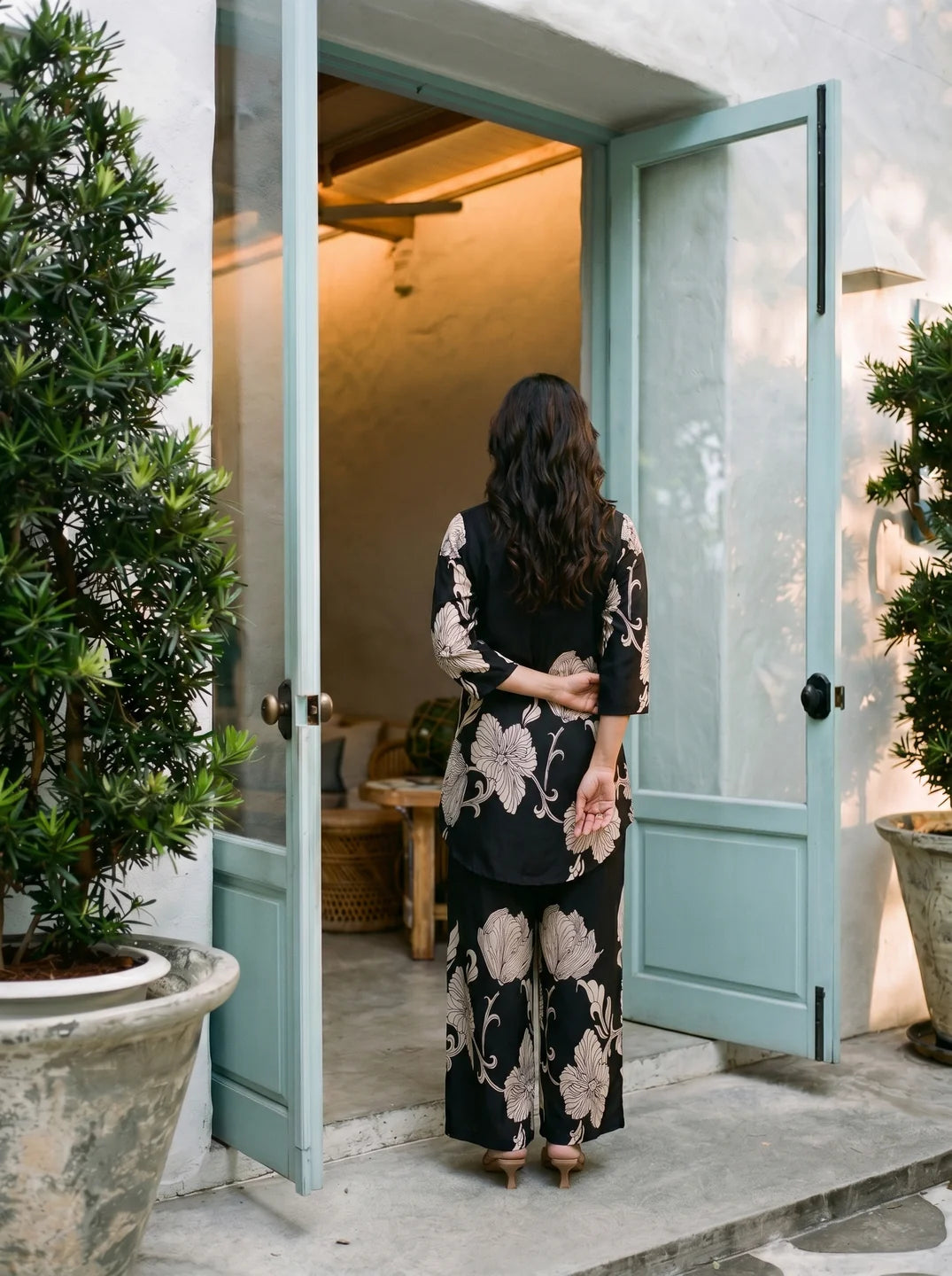 Black Floral Placement Print Co-ord Set in Russian Silk