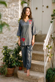 Blue Embroidered Co-ord Set in Roman Silk