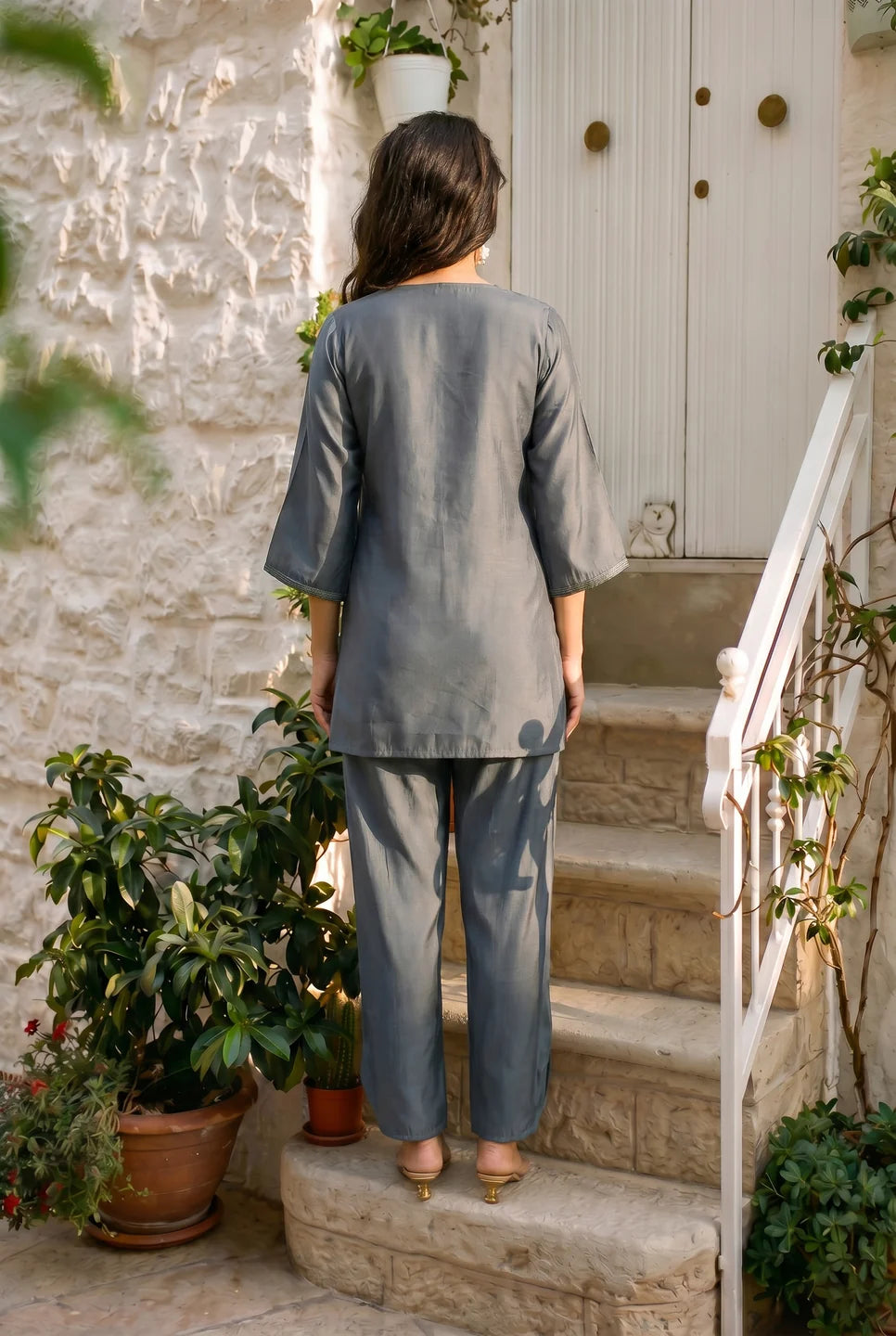 Blue Embroidered Co-ord Set in Roman Silk