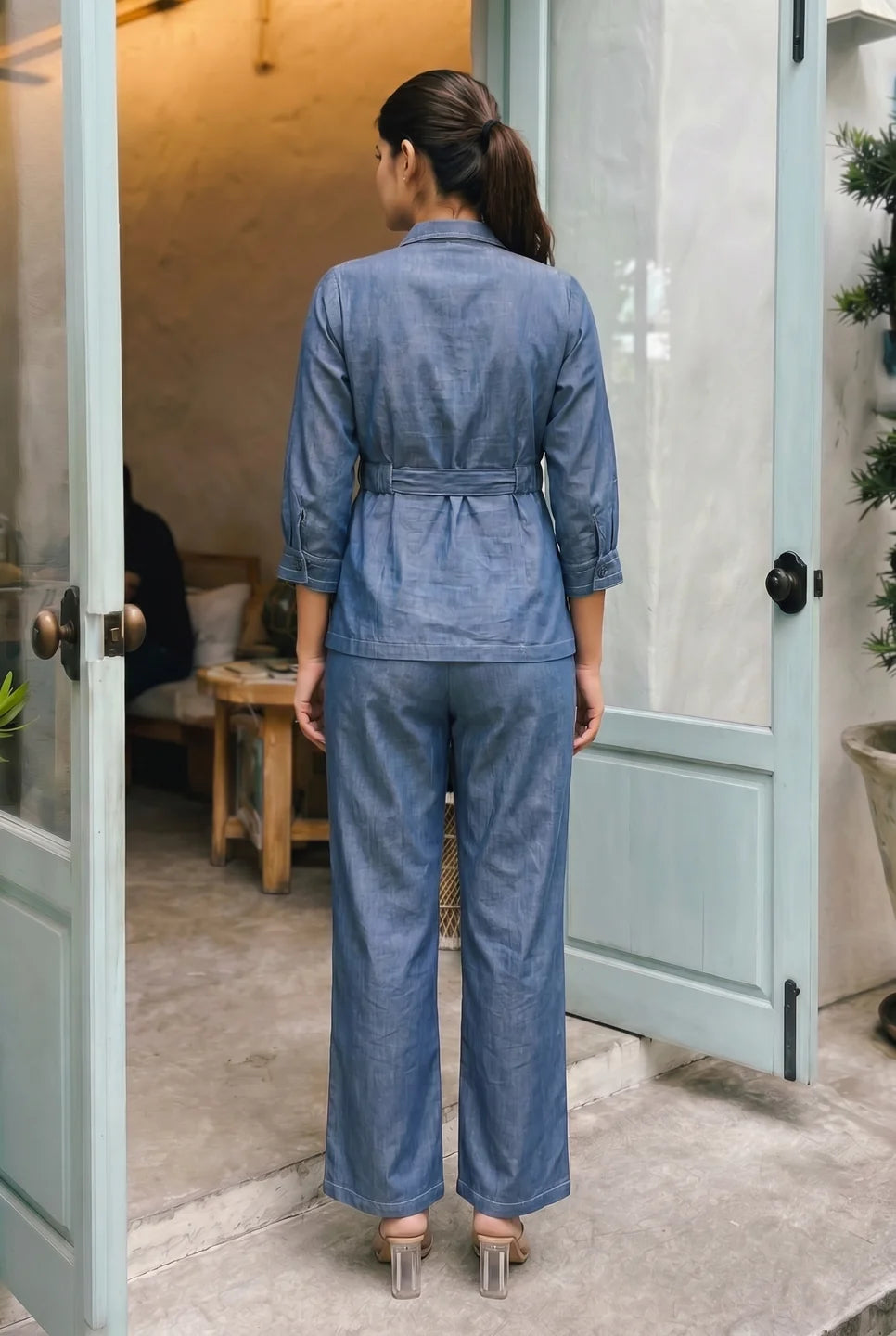 Blue Color Denim with Tie Belt with 3/4 sleeves Co-ord Set