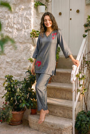 Blue Embroidered Co-ord Set in Roman Silk