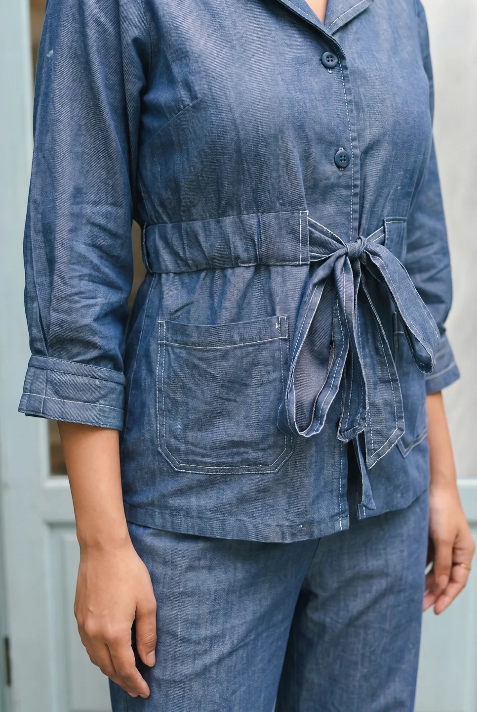 Blue Color Denim with Tie Belt with 3/4 sleeves Co-ord Set