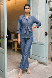 Blue Color Denim with Tie Belt with 3/4 sleeves Co-ord Set