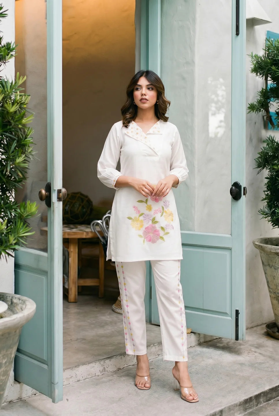 White Multicolor Floral Embroidered Roman Fabric Co-ord Set
