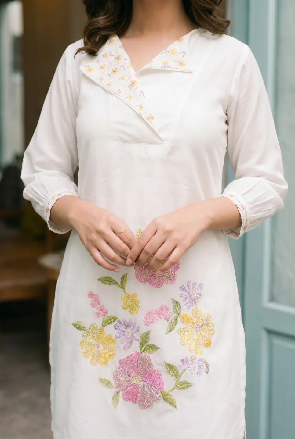 White Multicolor Floral Embroidered Roman Fabric Co-ord Set