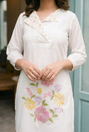 White Multicolor Floral Embroidered Roman Fabric Co-ord Set