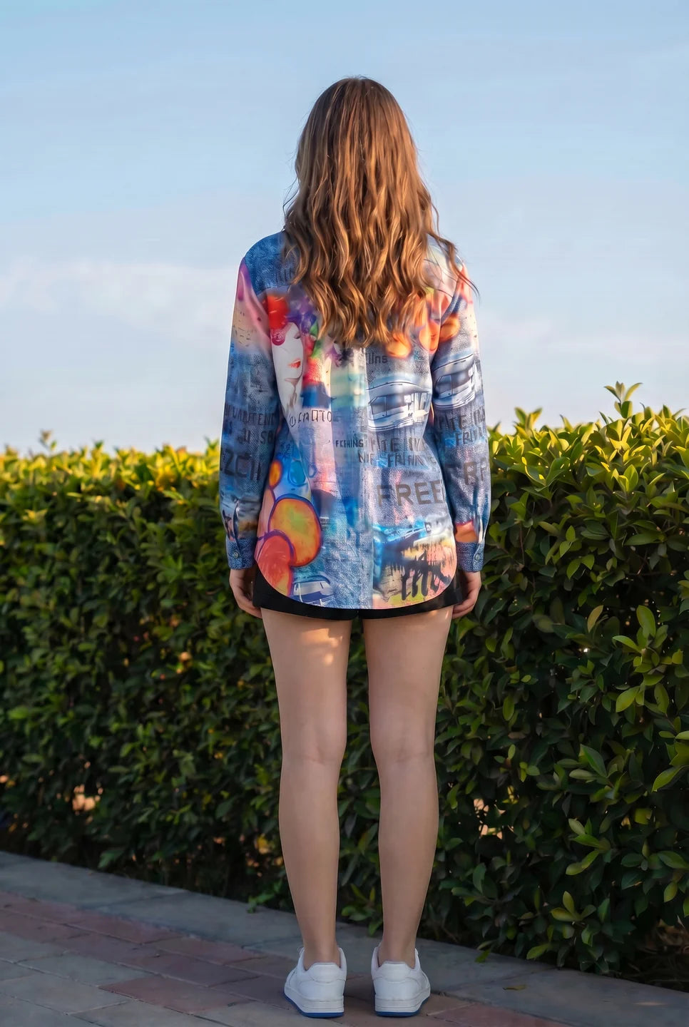 Multicolor Rhinestone Pop-Art Longline Shirt in Poly Muslin