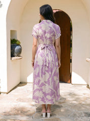 Purple Base With Cream Color Bold Flower Motif  Midi Dress