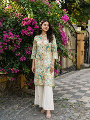 Off White Scenic Birds Printed Kurta With Flared Pants