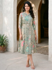 Sage Green Muslin Floral Print Mini Dress With Belt