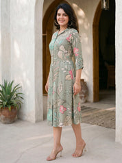 Sage Green Muslin Floral Print Mini Dress With Belt