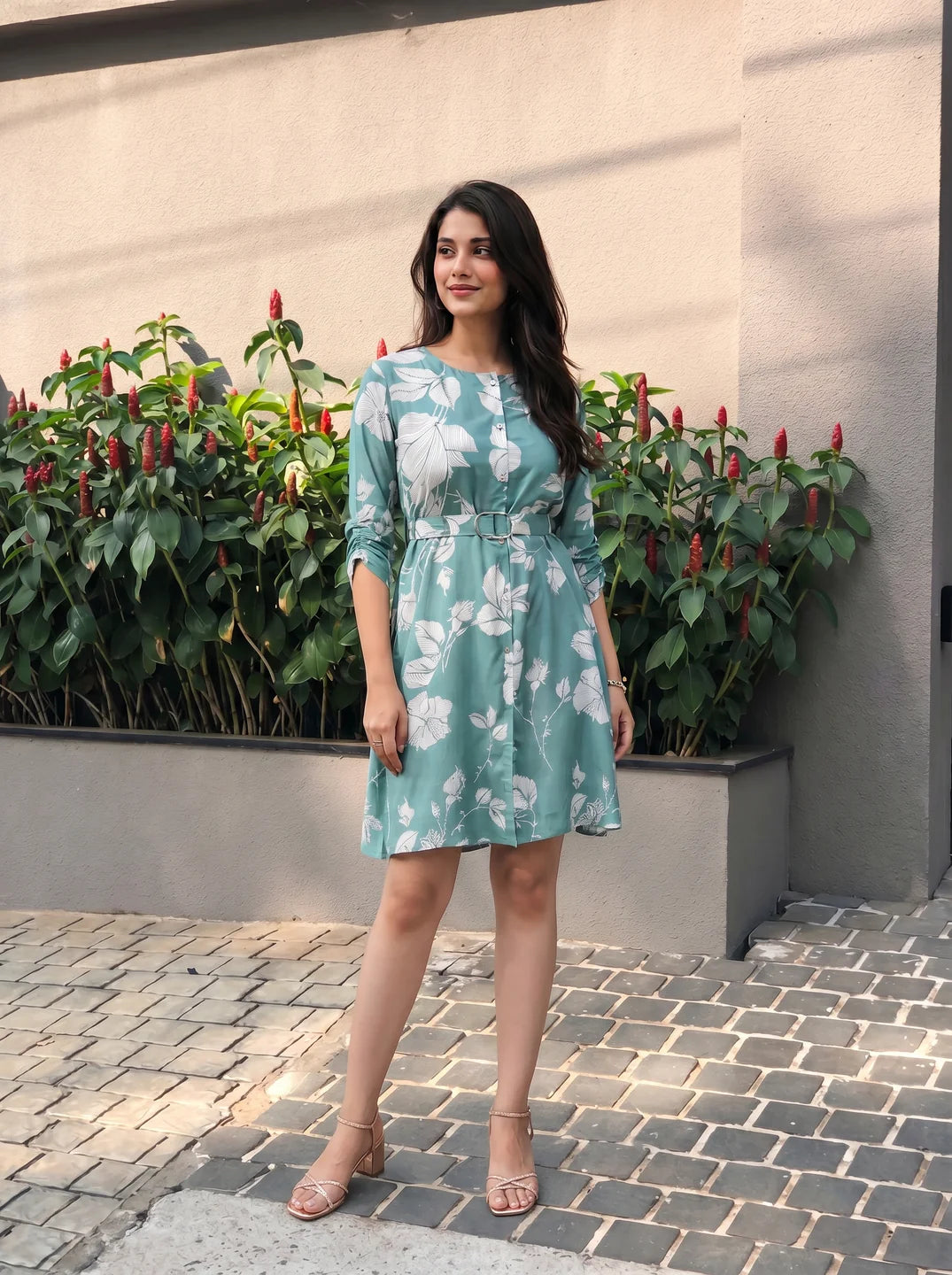 Aqua Green  Russian Silk Floral Print Mini Dress With Belt