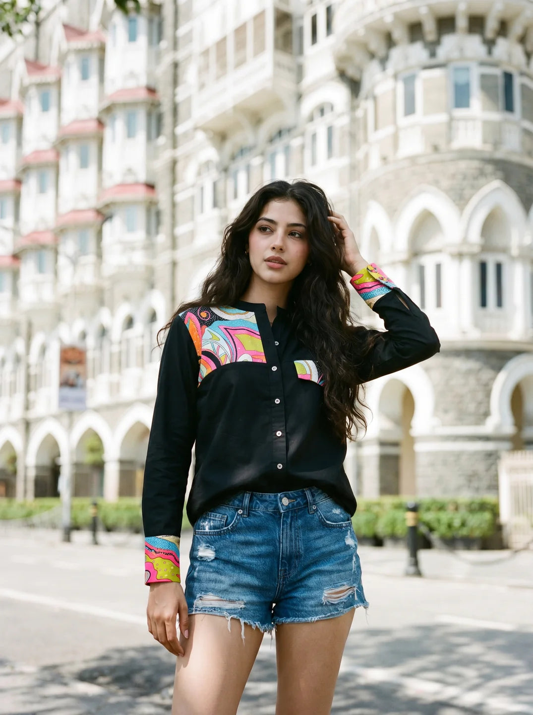Black Cotton Shirt with Pop Print Patches and Rhinestone