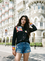 Black Cotton Shirt with Pop Print Patches and Rhinestone