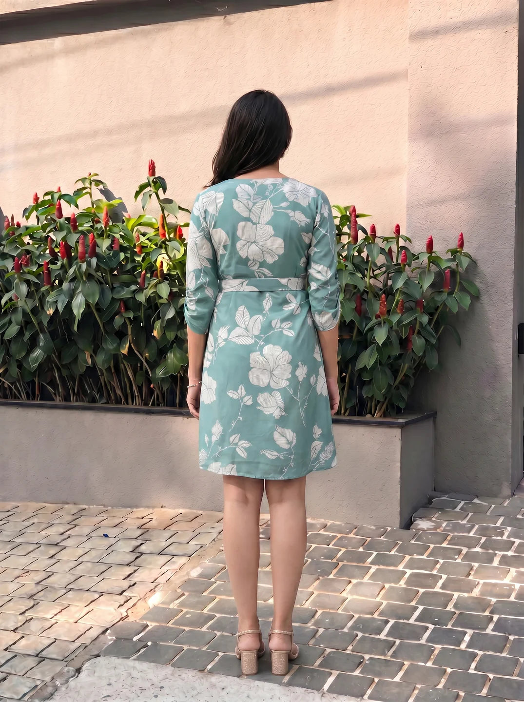Aqua Green  Russian Silk Floral Print Mini Dress With Belt