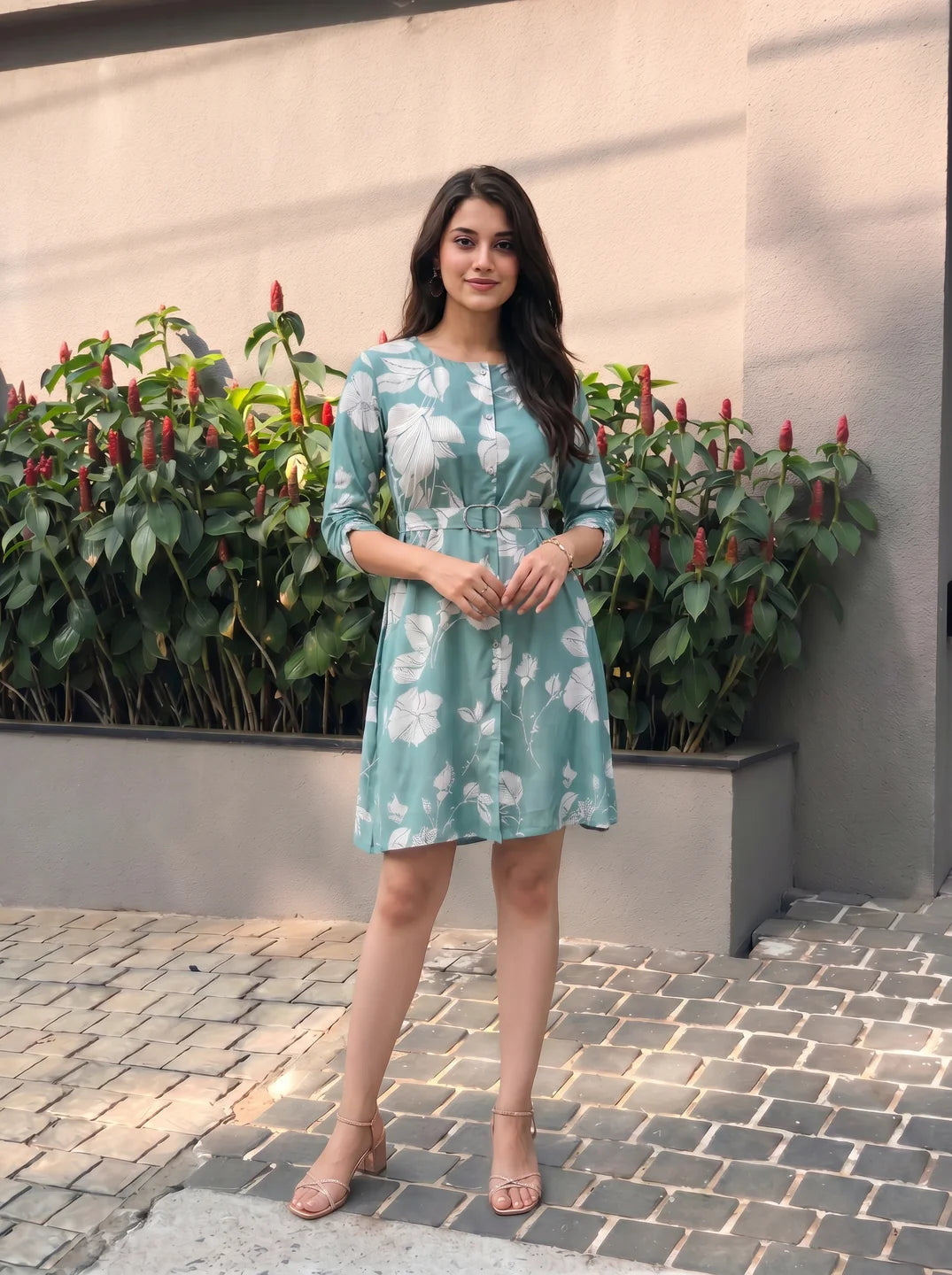 Aqua Green  Russian Silk Floral Print Mini Dress With Belt