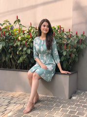 Aqua Green  Russian Silk Floral Print Mini Dress With Belt