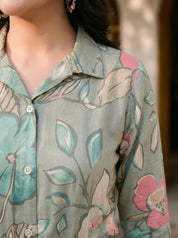 Sage Green Muslin Floral Print Mini Dress With Belt