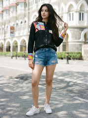 Black Cotton Shirt with Pop Print Patches and Rhinestone