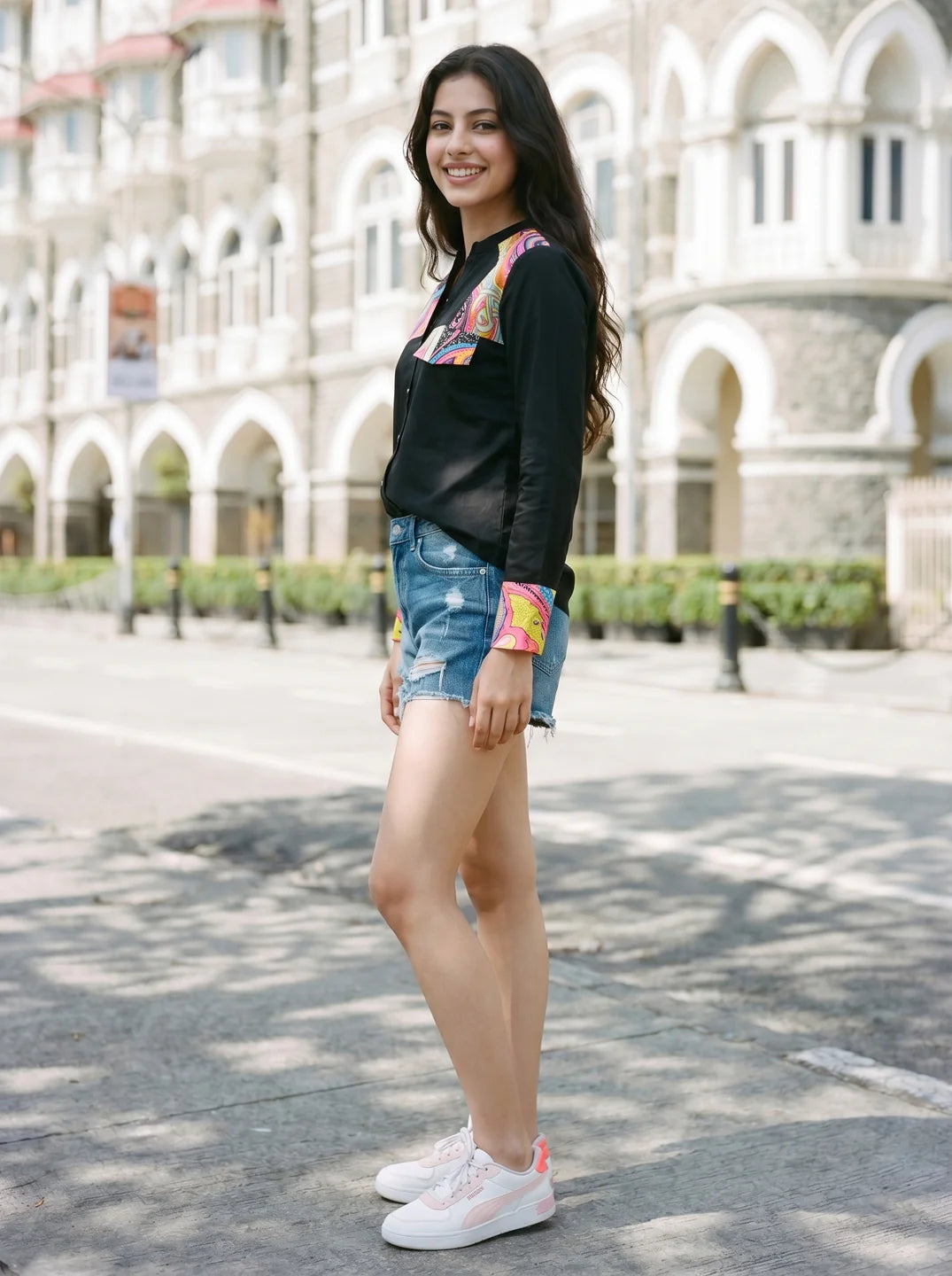 Black Cotton Shirt with Pop Print Patches and Rhinestone