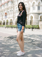 Black Cotton Shirt with Pop Print Patches and Rhinestone