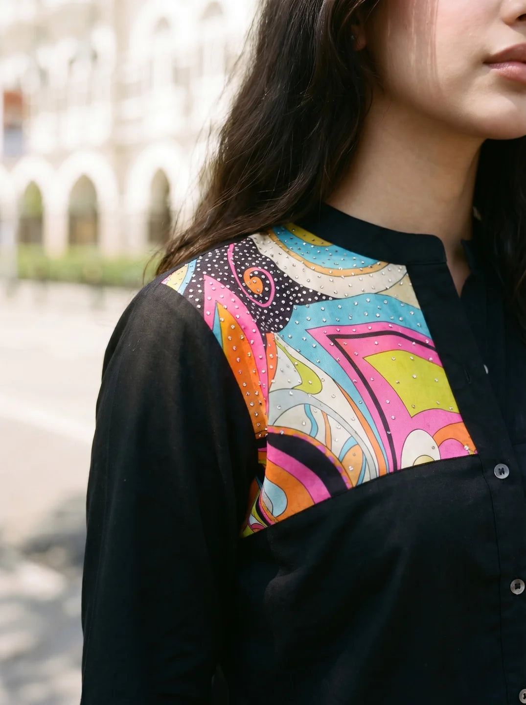 Black Cotton Shirt with Pop Print Patches and Rhinestone