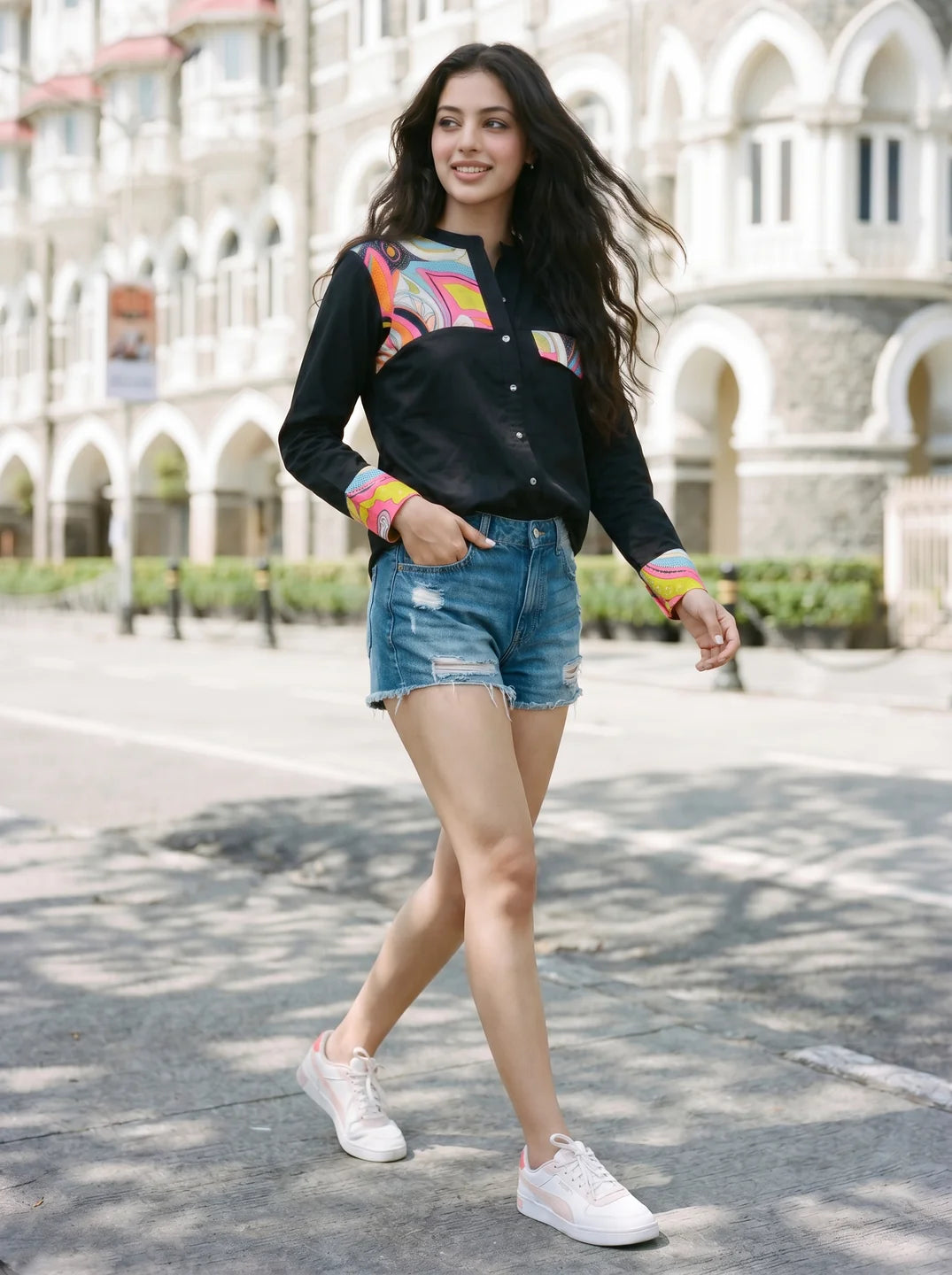Black Cotton Shirt with Pop Print Patches and Rhinestone