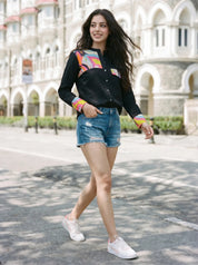 Black Cotton Shirt with Pop Print Patches and Rhinestone