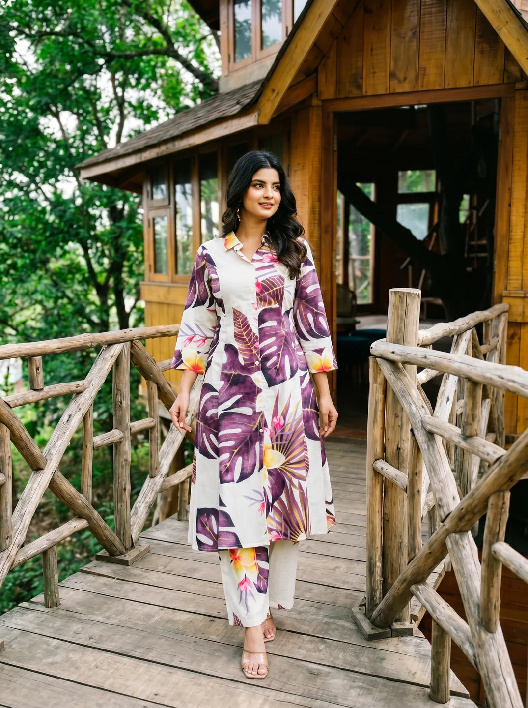 Dark Purple Leaf Print A-Line Kurti & Pant Set