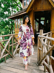 Dark Purple Leaf Print A-Line Kurti & Pant Set