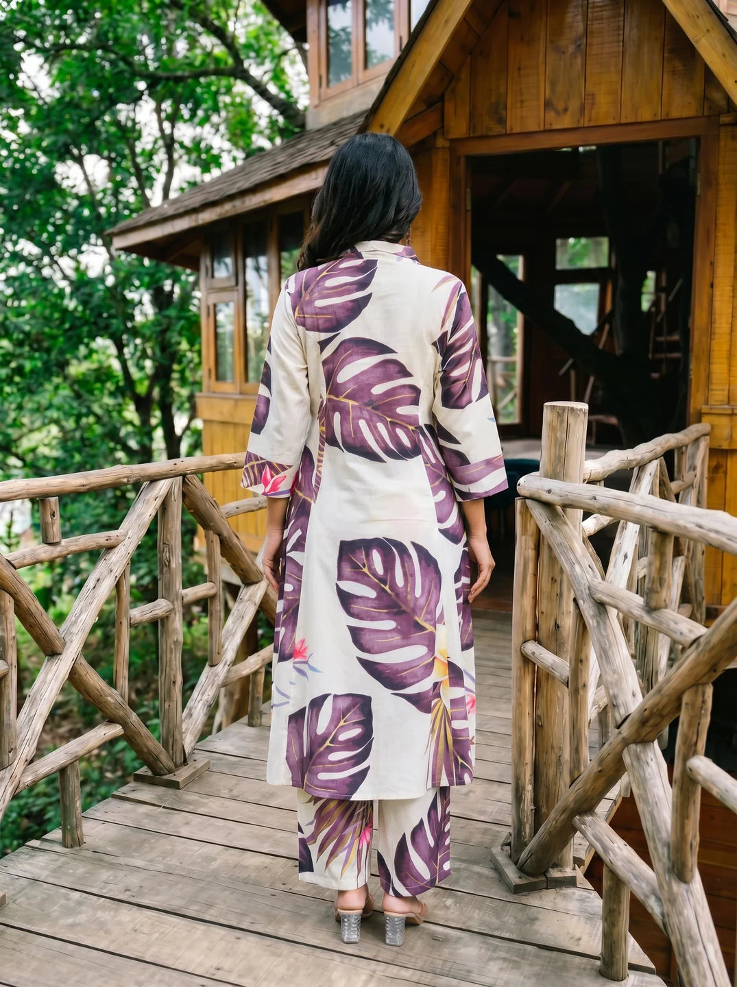 Dark Purple Leaf Print A-Line Kurti & Pant Set