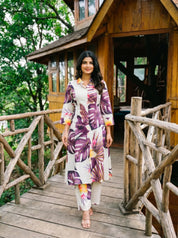 Dark Purple Leaf Print A-Line Kurti & Pant Set