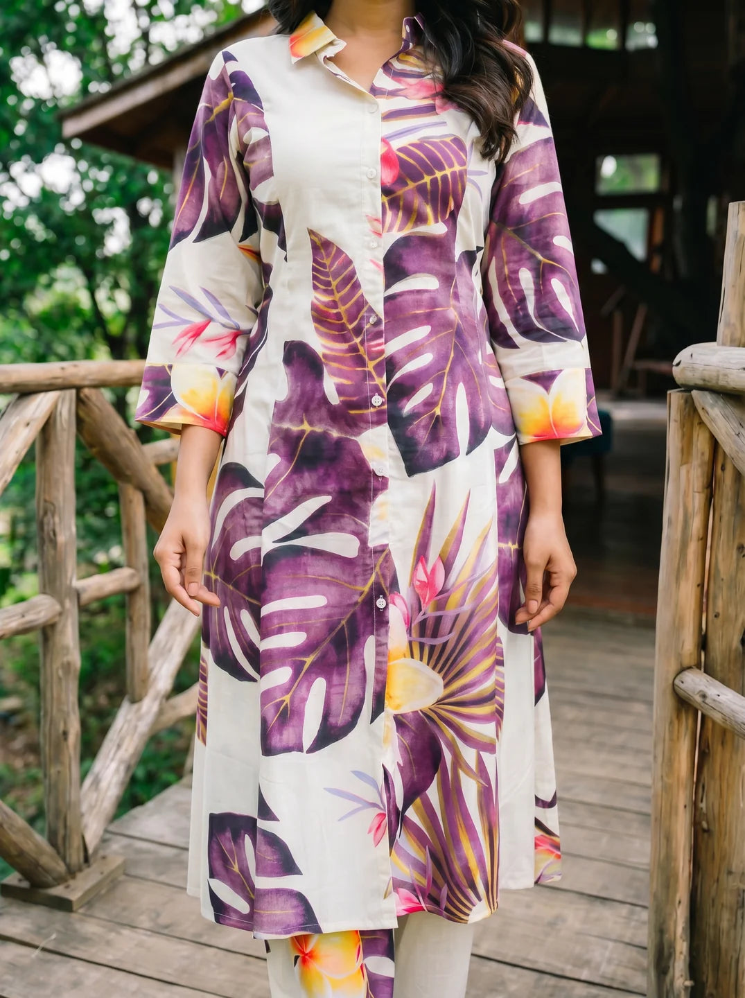 Dark Purple Leaf Print A-Line Kurti & Pant Set