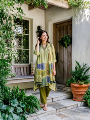 Yellow Green Botanical Patch Print Viscose Silk Kurta Set