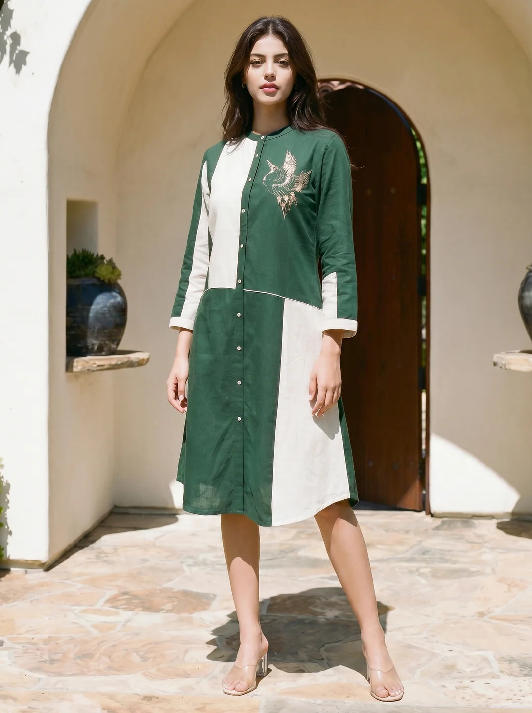 Green & White Cotton Bird Motif Embroidered Rayon Dress