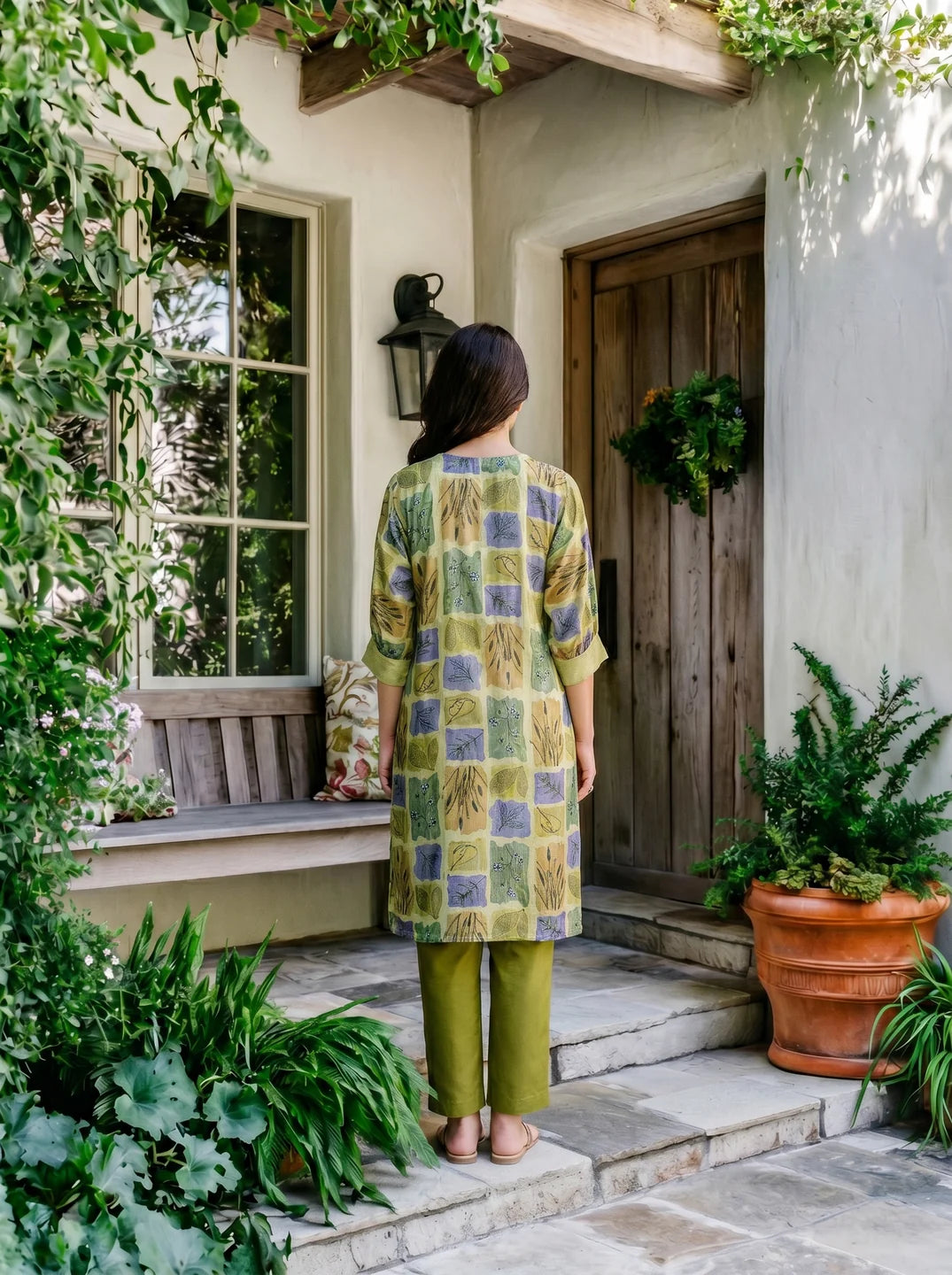 Yellow Green Botanical Patch Print Viscose Silk Kurta Set