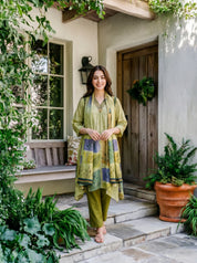 Yellow Green Botanical Patch Print Viscose Silk Kurta Set