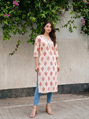 Ivory & Peach-Red Hand Block Printed Kurta in Cotton Cambric