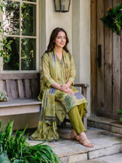 Yellow Green Botanical Patch Print Viscose Silk Kurta Set