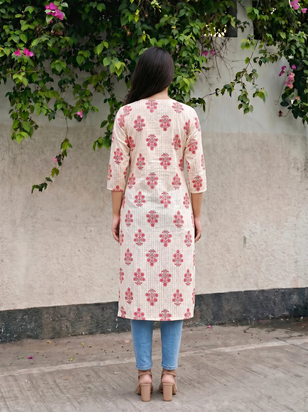 Ivory & Peach-Red Hand Block Printed Kurta in Cotton Cambric