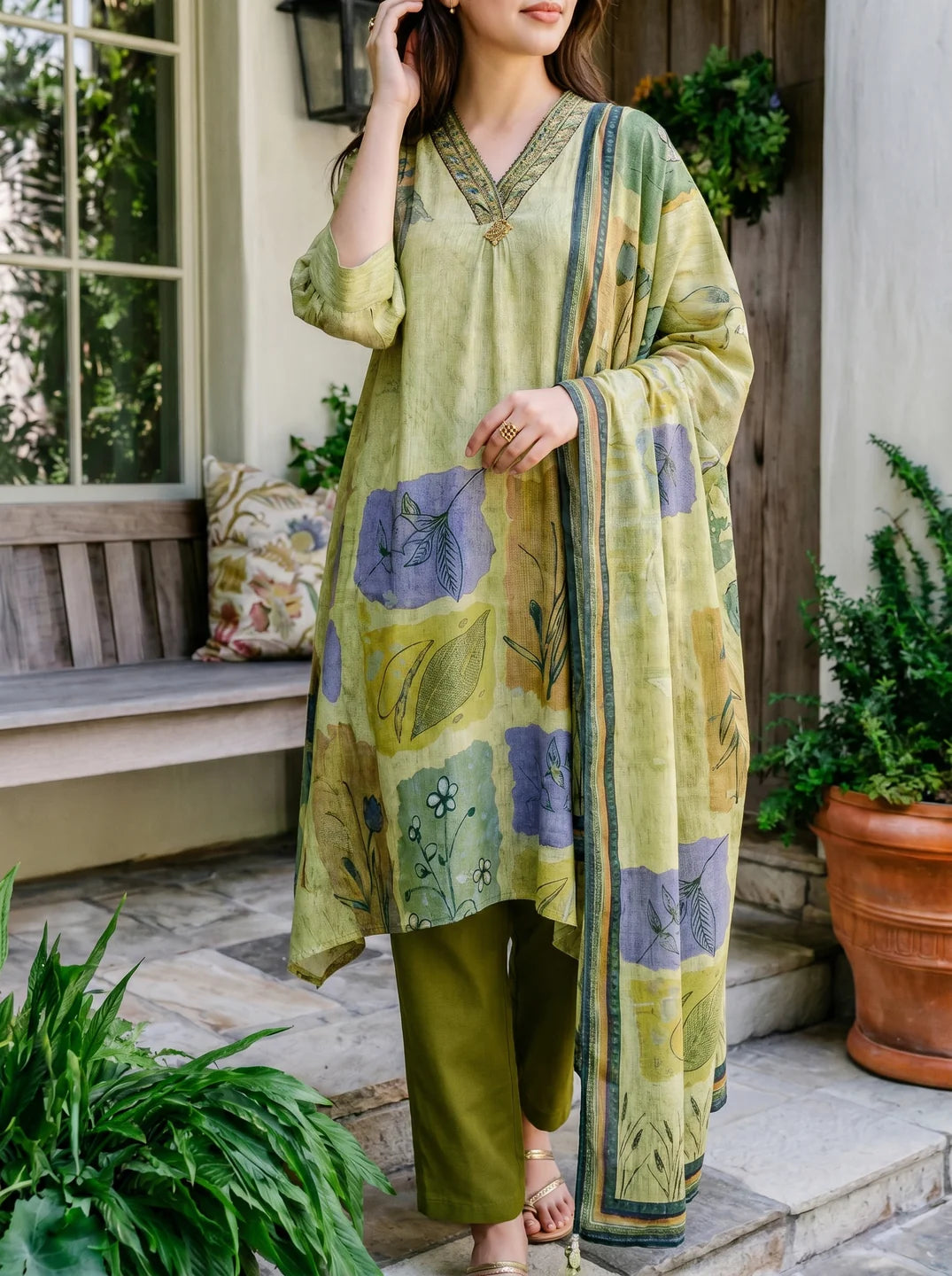 Yellow Green Botanical Patch Print Viscose Silk Kurta Set