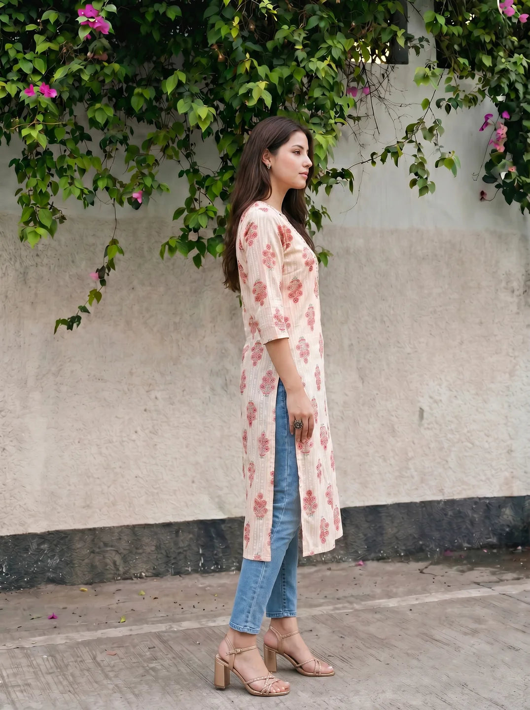 Ivory & Peach-Red Hand Block Printed Kurta in Cotton Cambric