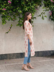Ivory & Peach-Red Hand Block Printed Kurta in Cotton Cambric