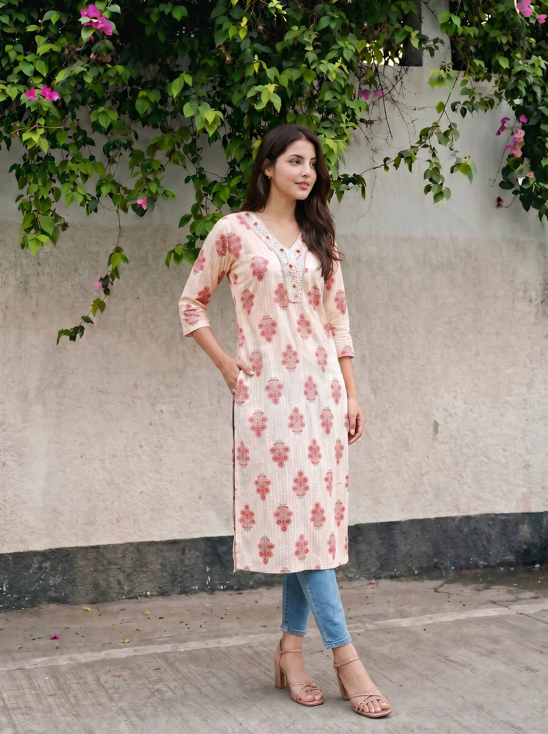 Ivory & Peach-Red Hand Block Printed Kurta in Cotton Cambric