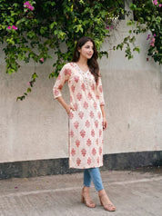 Ivory & Peach-Red Hand Block Printed Kurta in Cotton Cambric