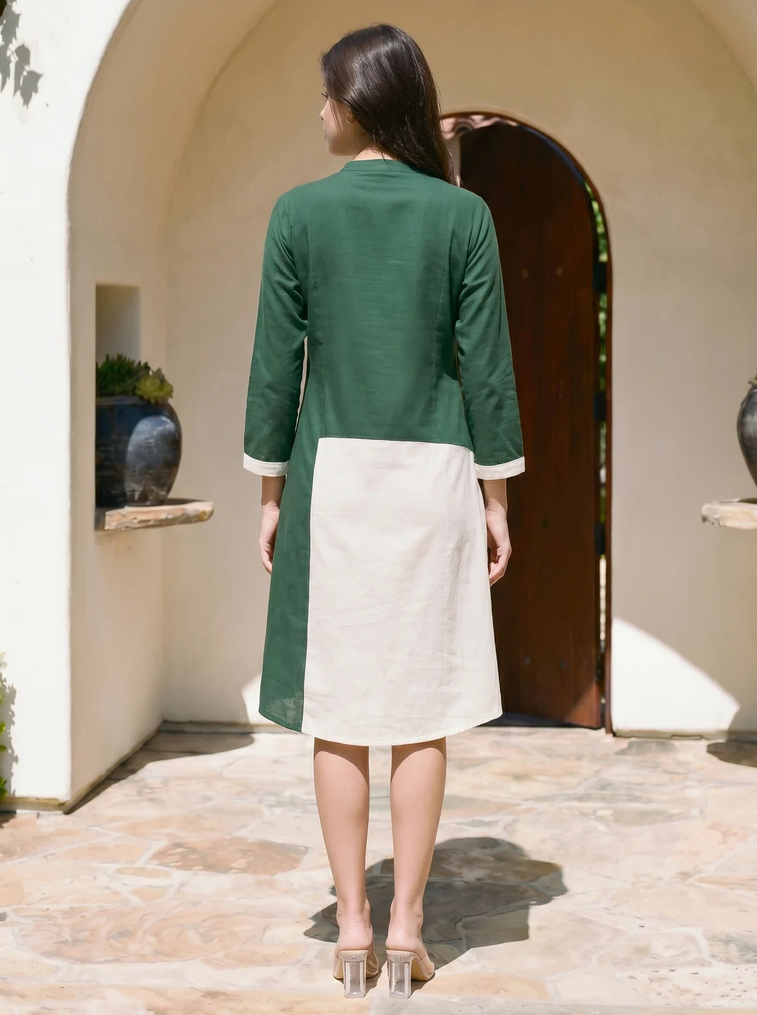 Green & White Cotton Bird Motif Embroidered Rayon Dress