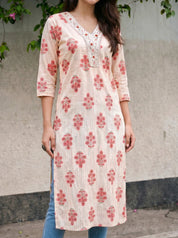 Ivory & Peach-Red Hand Block Printed Kurta in Cotton Cambric